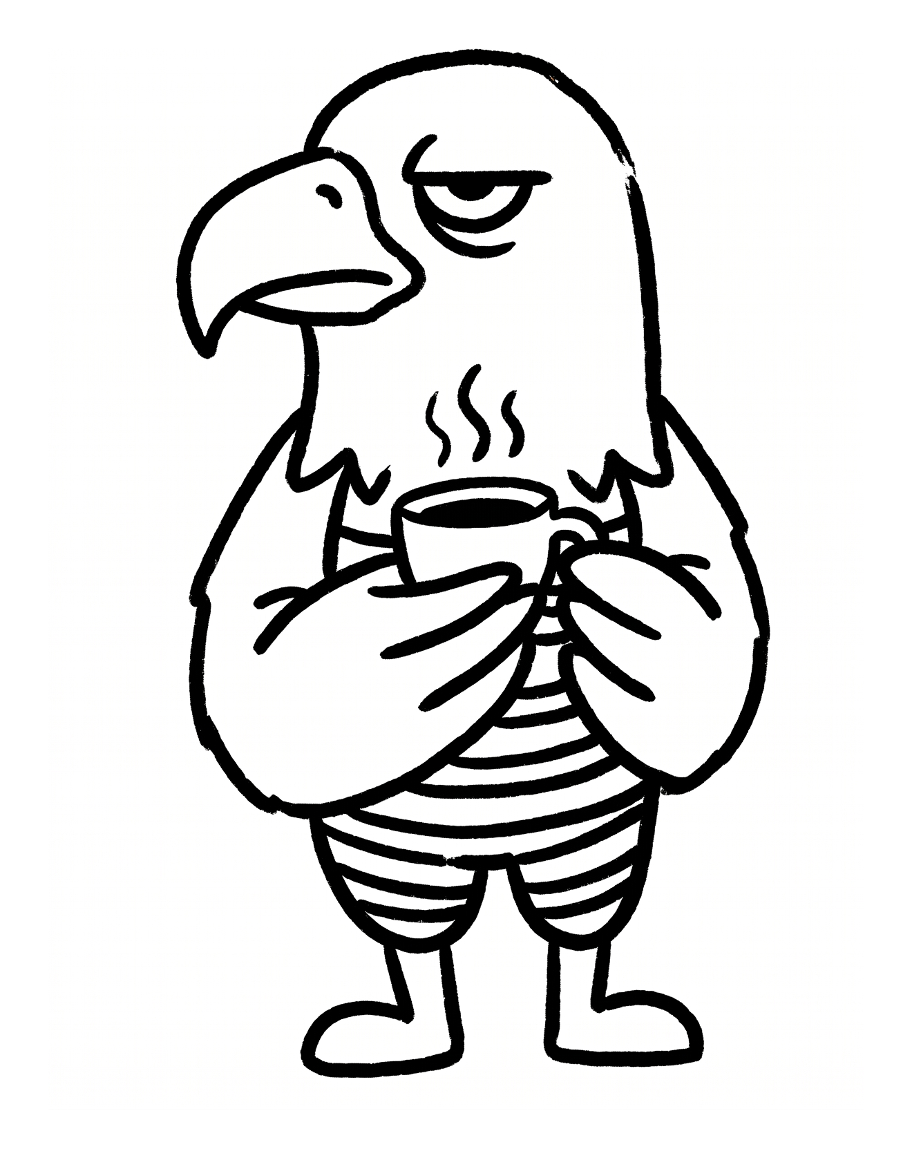 Ardis's mascot — a deadpan falcon sipping coffee